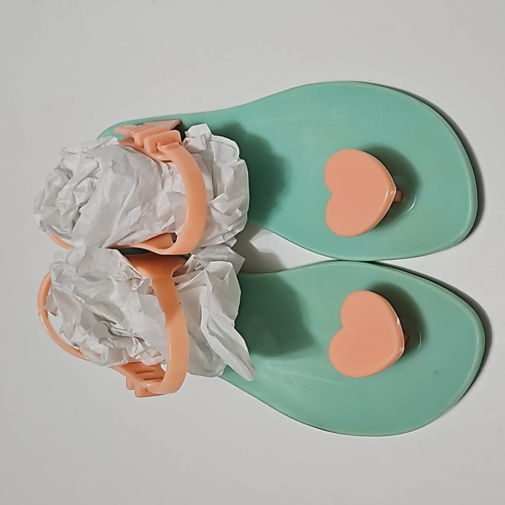 Zhoelala Gel Flexible Sandals Size 36 (7) Green & Peach With Hearts #S-247
